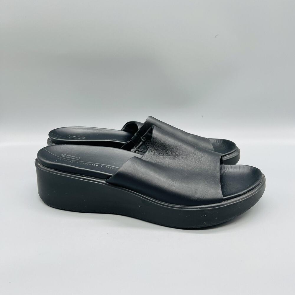 ECCO Sandals Women 10.5 Black Leather Slide Wedge Platform Slip On Comfort Shoes